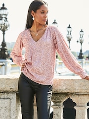 Sosandar Gold Sequin V Neck Blouson Sleeve Top - Image 3 of 5