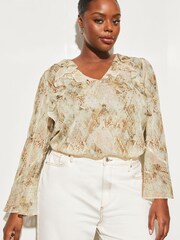 Lipsy Snake Print Curve Sheer Long Sleeve V Neck Ruffle Blouse - Image 1 of 4