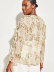 Lipsy Snake Print Curve Sheer Long Sleeve V Neck Ruffle Blouse - Image 2 of 4