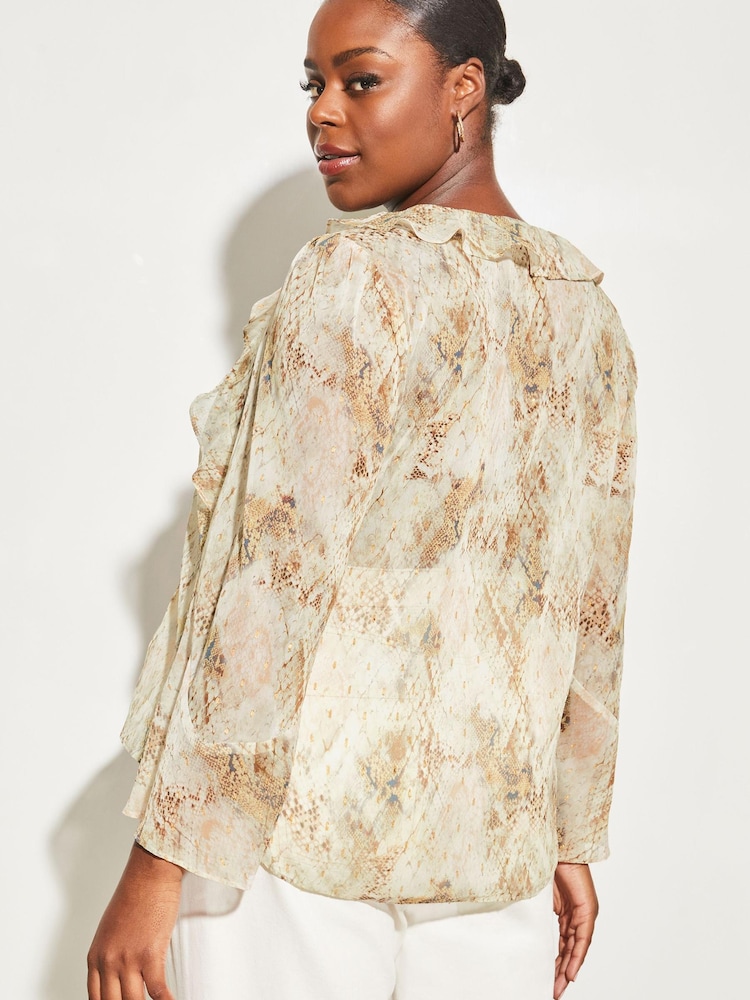 Lipsy Snake Print Curve Sheer Long Sleeve V Neck Ruffle Blouse - Image 2 of 4