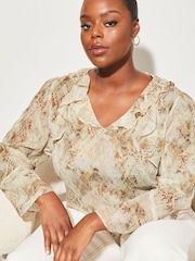 Lipsy Snake Print Curve Sheer Long Sleeve V Neck Ruffle Blouse - Image 4 of 4