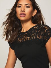 Lipsy Black Lace Yoke Self Tie Bodycon Dress - Image 4 of 4