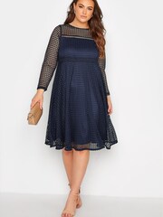 Yours Curve Blue London Long Sleeve Lace Skater Dress - Image 1 of 4