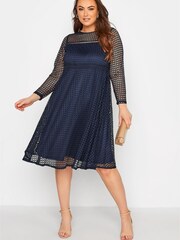 Yours Curve Blue London Long Sleeve Lace Skater Dress - Image 2 of 4