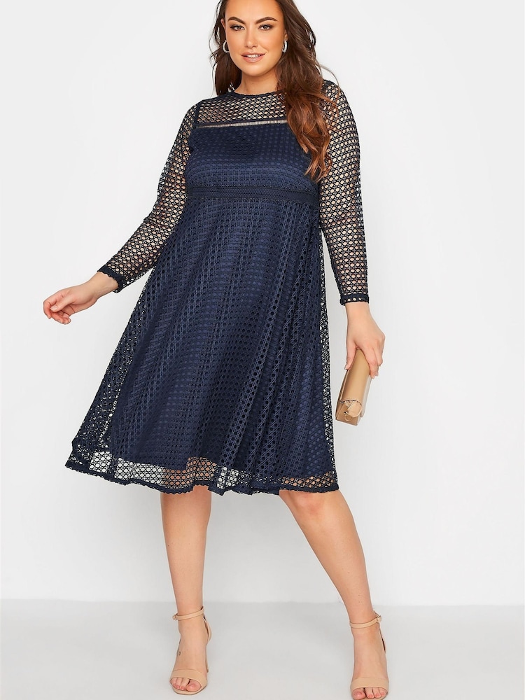 Yours Curve Blue London Long Sleeve Lace Skater Dress - Image 2 of 4