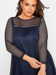 Yours Curve Blue London Long Sleeve Lace Skater Dress - Image 4 of 4