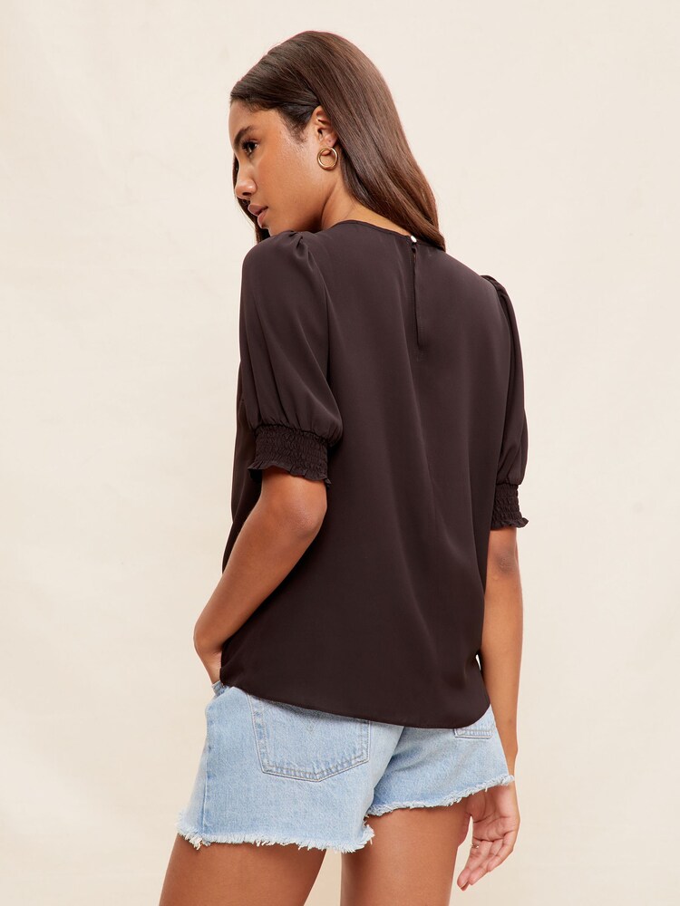 Friends Like These Black Round Neck Shirred Cuff Shorts Sleeve Top - Image 4 of 4 Friends Like These Black Round Neck Shirred Cuff Shorts Sleeve Top - Image 4 of 4