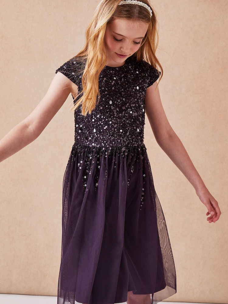 Lipsy Purple Sequin Bodice Midi Occasion Dress - Image 1 of 4