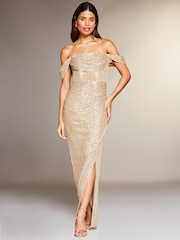 Lipsy Gold Sequin Bardot Split Drape Maxi Dress - Image 1 of 4