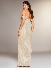 Lipsy Gold Sequin Bardot Split Drape Maxi Dress - Image 2 of 4