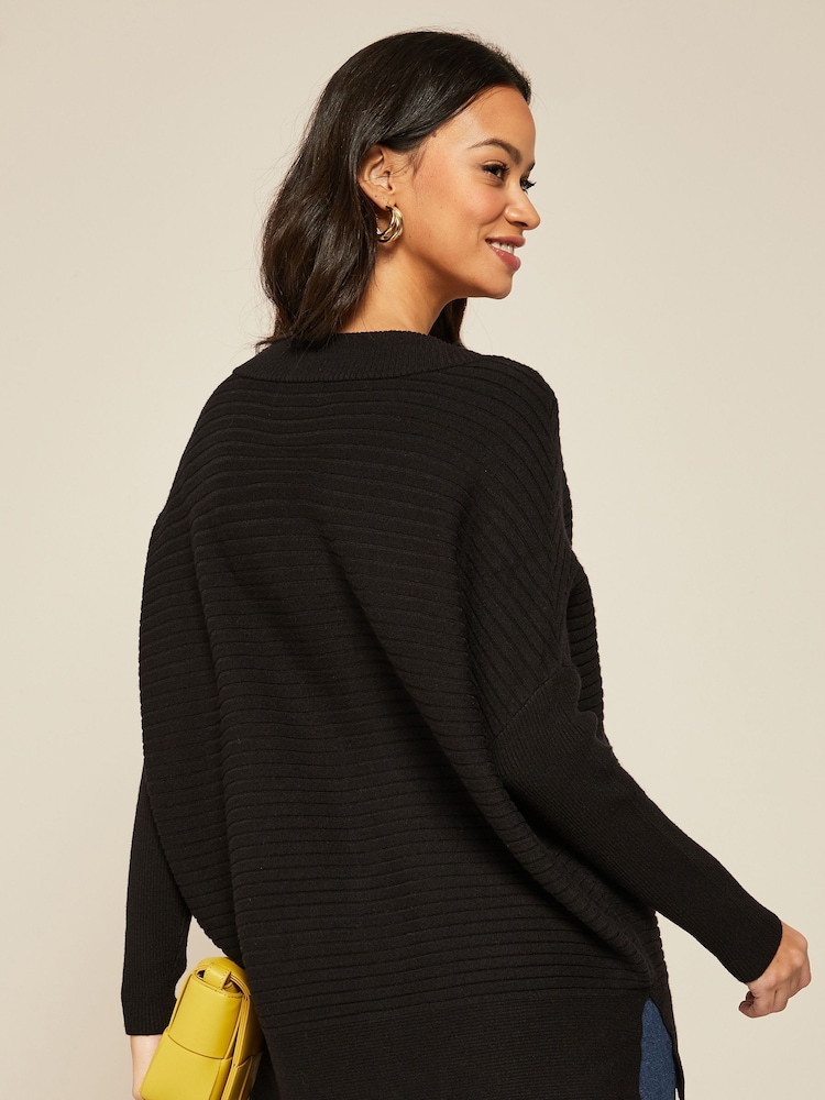 Friends Like These Black V Neck Tunic Knitted Jumper - Image 2 of 4 Friends Like These Black V Neck Tunic Knitted Jumper - Image 2 of 4