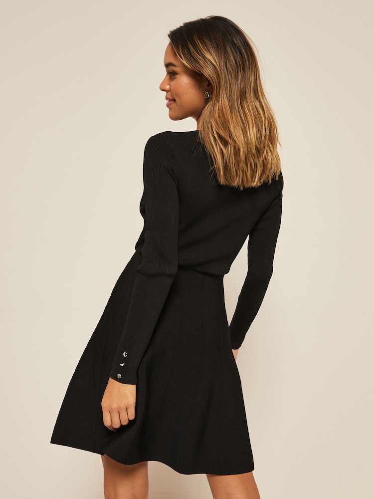 Friends Like These Black Long Sleeve Knitted V Neck Fit and Flare Dress - Image 2 of 4 Friends Like These Black Long Sleeve Knitted V Neck Fit and Flare Dress - Image 2 of 4