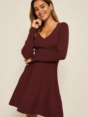 Friends Like These Dark Cherry Long Sleeve Knitted V Neck Fit and Flare Dress - Image 1 of 4