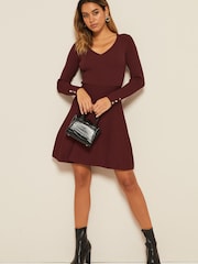 Friends Like These Dark Cherry Long Sleeve Knitted V Neck Fit and Flare Dress - Image 3 of 4