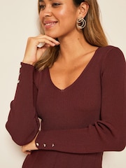 Friends Like These Dark Cherry Long Sleeve Knitted V Neck Fit and Flare Dress - Image 4 of 4