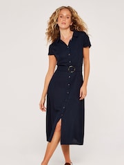 Apricot Navy Blue Vintage Tortoise Shell  Button Dress with a Touch of Linen - Image 1 of 4