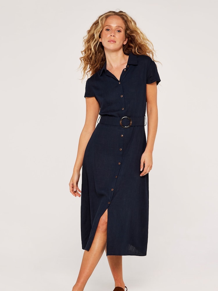 Apricot Navy Blue Vintage Tortoise Shell  Button Dress with a Touch of Linen - Image 1 of 4
