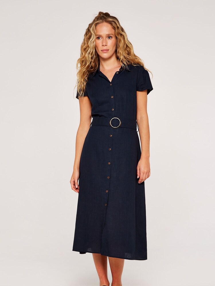 Apricot Navy Blue Vintage Tortoise Shell  Button Dress with a Touch of Linen - Image 4 of 4
