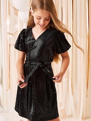 Lipsy Black Sequin Puff Sleeve Occasion Dress - Image 1 of 4