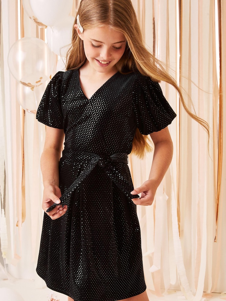 Lipsy Black Sequin Puff Sleeve Occasion Dress - Image 1 of 4