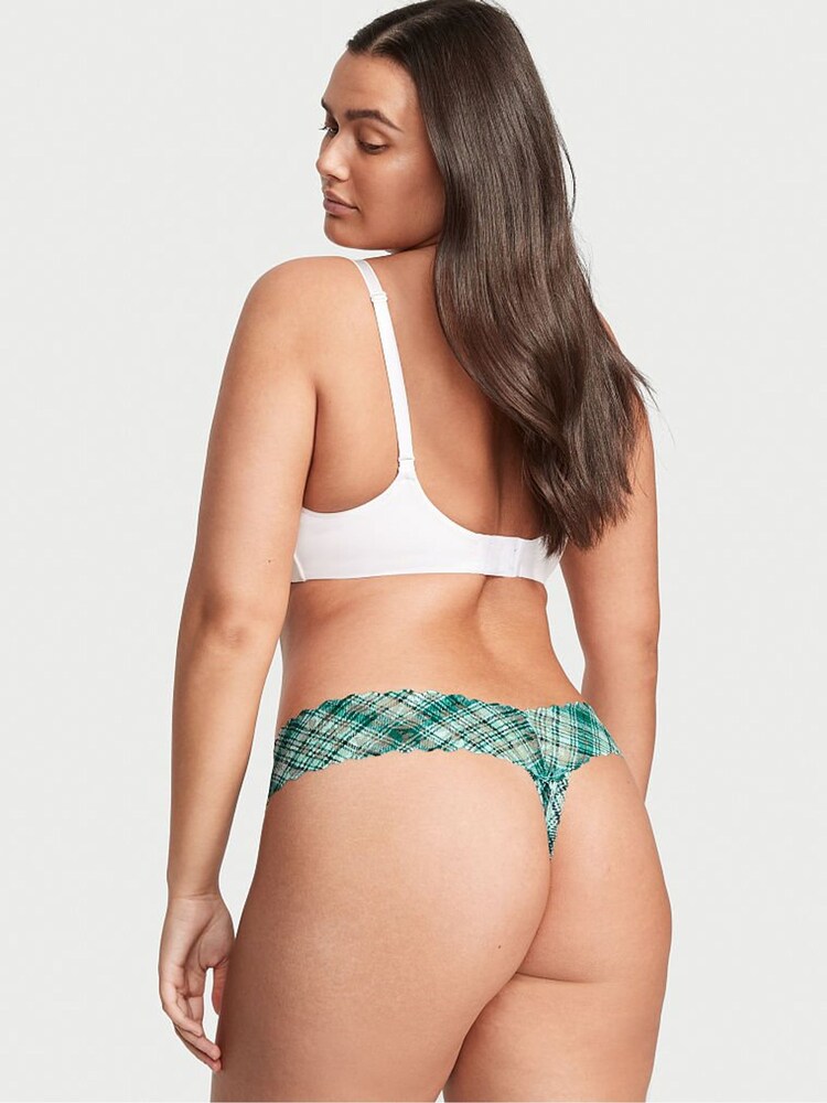 Victoria's Secret Aqua Crystal Blue Plaid Lace Thong Knickers - Image 2 of 3