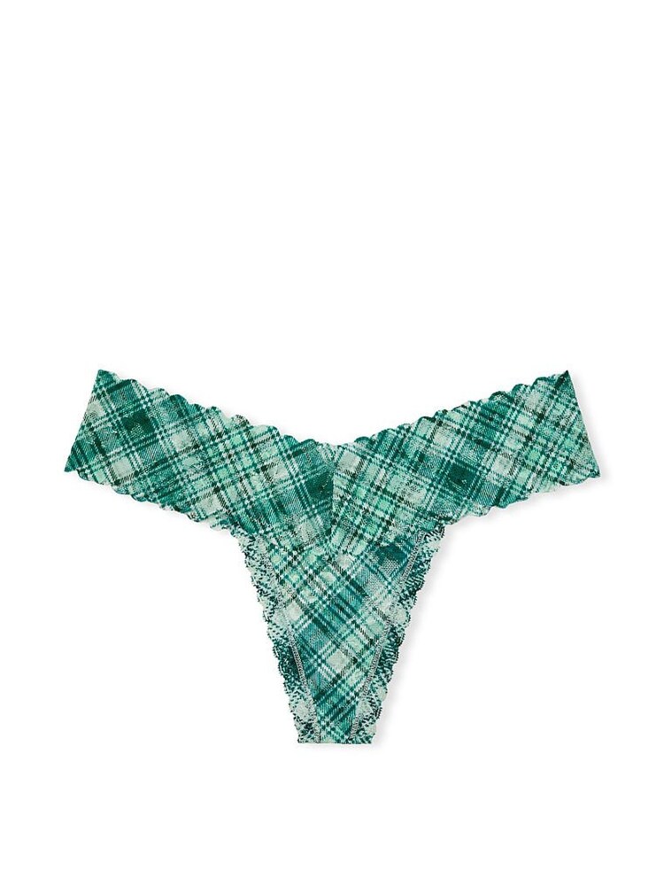 Victoria's Secret Aqua Crystal Blue Plaid Lace Thong Knickers - Image 3 of 3
