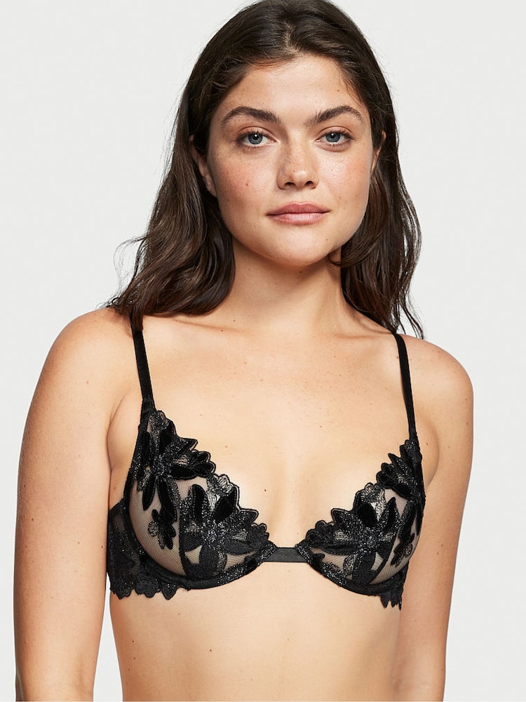 Victoria's Secret Black Embroidered Velvet Demi Bra - Image 1 of 1 Victoria's Secret Black Embroidered Velvet Demi Bra - Image 1 of 1