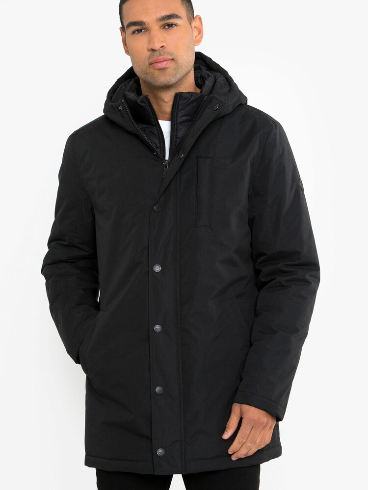 Threadbare Black Hooded Mac With Mock Padded Inner Layer - Image 1 of 1