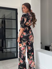 Girl In Mind Black floral Petite Fizz Frill Detail 3/4 Sleeve Wide Leg Jumpsuit - Image 4 of 5