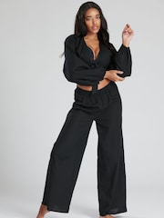 South Beach Black Linen Look Tie Up Beach Top - Image 1 of 5