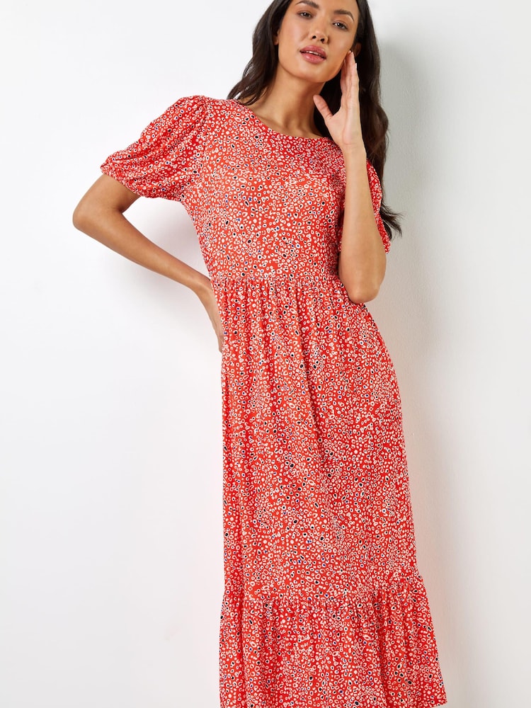Roman Red Ditsy Animal Frill Hem Midi Dress - Image 1 of 5