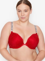 Victoria's Secret Lipstick Red Add 2 Cups Push Up Lace Shine Strap Bombshell Bra - Image 1 of 3