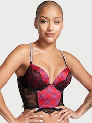 Victoria's Secret Lipstick Red Plaid Bombshell Add 2 Cups Push Up Corset Bra Top - Image 1 of 4