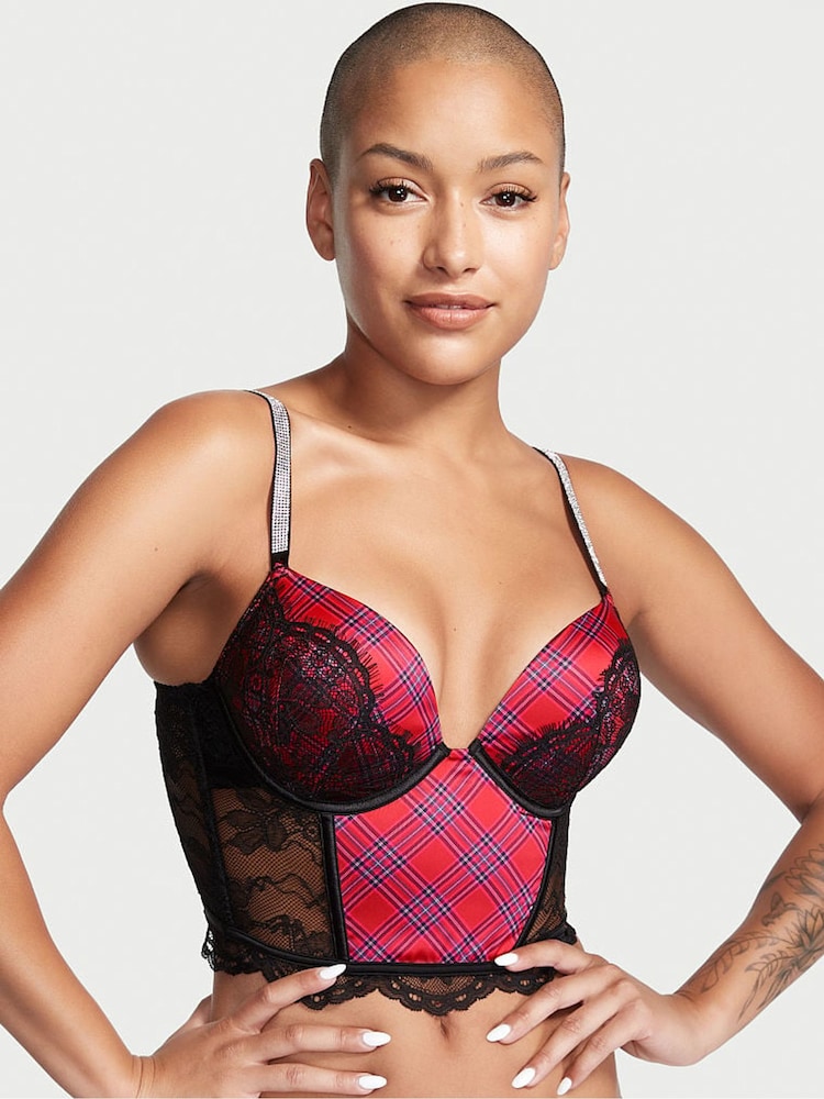 Victoria's Secret Lipstick Red Plaid Bombshell Add 2 Cups Push Up Corset Bra Top - Image 1 of 4