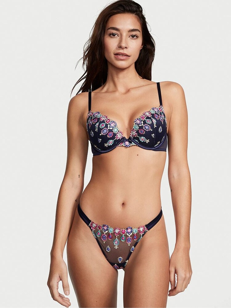 Victoria's Secret Noir Navy Blue Bejeweled Embroidery Thong Knickers - Image 1 of 4