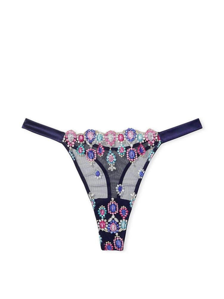 Victoria's Secret Noir Navy Blue Bejeweled Embroidery Thong Knickers - Image 4 of 4