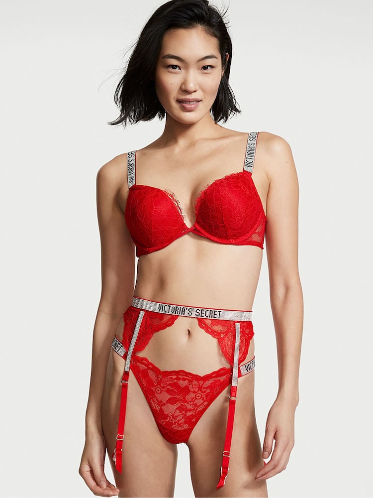 Victoria's Secret Lipstick Red Lace Shine Strap Suspenders - Image 1 of 4