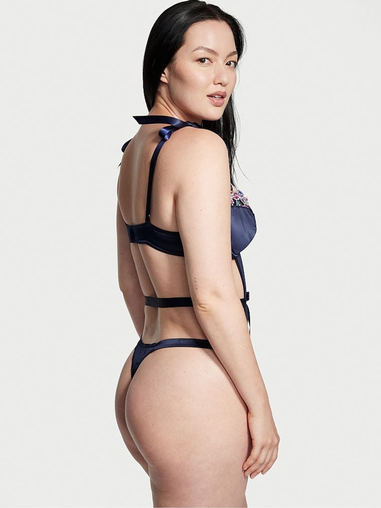 Victoria's Secret Noir Navy Blue Wicked Bejeweled Embroidery Bodysuit - Image 2 of 3