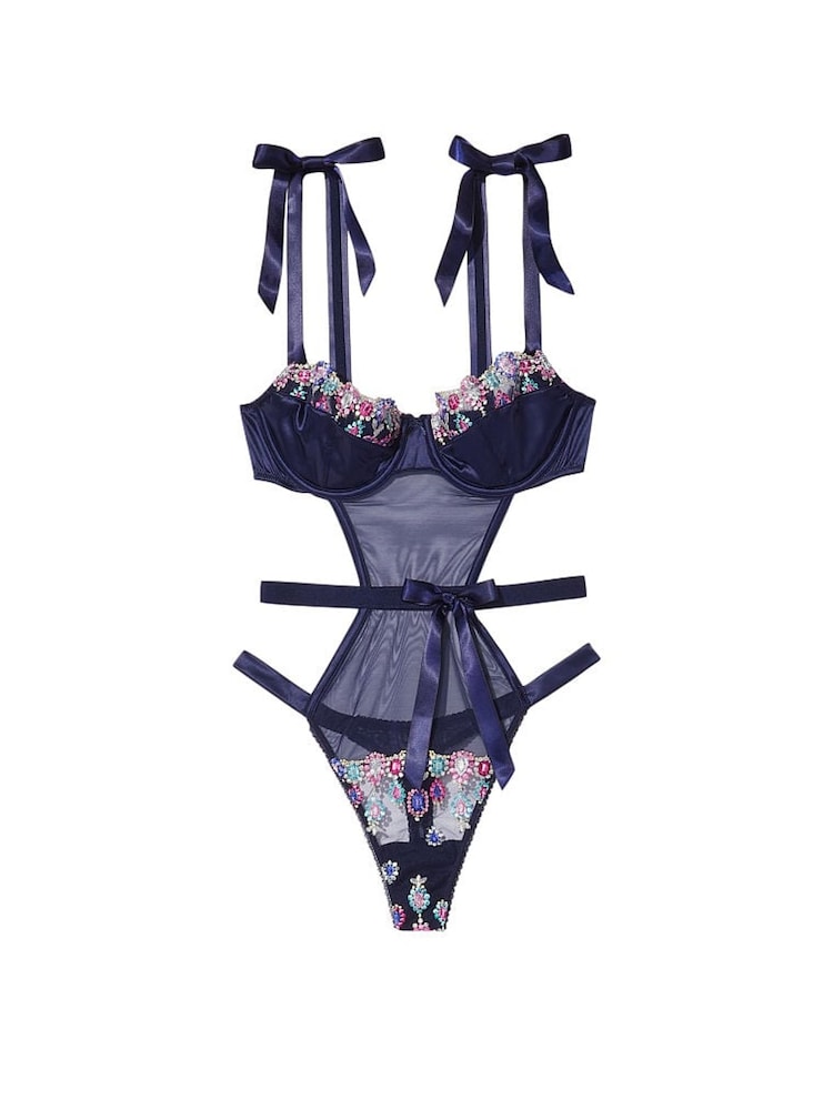 Victoria's Secret Noir Navy Blue Wicked Bejeweled Embroidery Bodysuit - Image 3 of 3