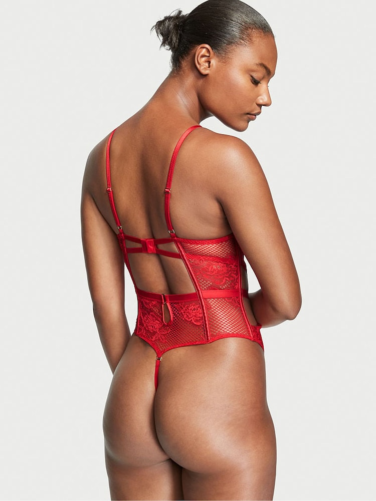 Victoria's Secret Lipstick Red Fishnet Bombshell Bodysuit - Image 2 of 3