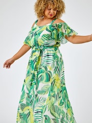Roman Green Curve Tropical Leaf Print Cold Shoulder Maxi Dress - Image 1 of 4