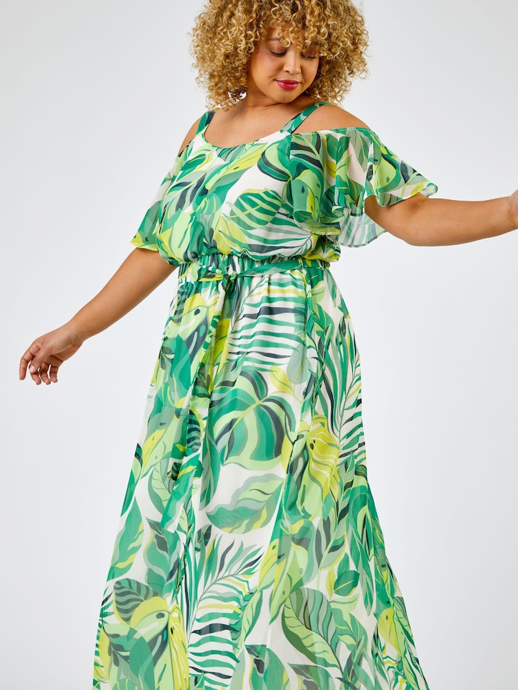 Roman Green Curve Tropical Leaf Print Cold Shoulder Maxi Dress - Image 1 of 4