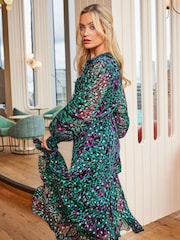 Love & Roses Green Animal Ruffle Tie Neck Lace Trim Long Sleeve Maxi Dress - Image 2 of 4
