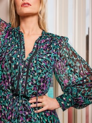 Love & Roses Green Animal Ruffle Tie Neck Lace Trim Long Sleeve Maxi Dress - Image 4 of 4