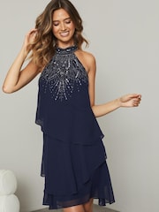 Lipsy Navy Petite Halter Hand Embellished Sequin Tiered Mini Swing Dress - Image 1 of 3