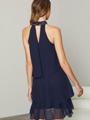 Lipsy Navy Petite Halter Hand Embellished Sequin Tiered Mini Swing Dress - Image 2 of 3