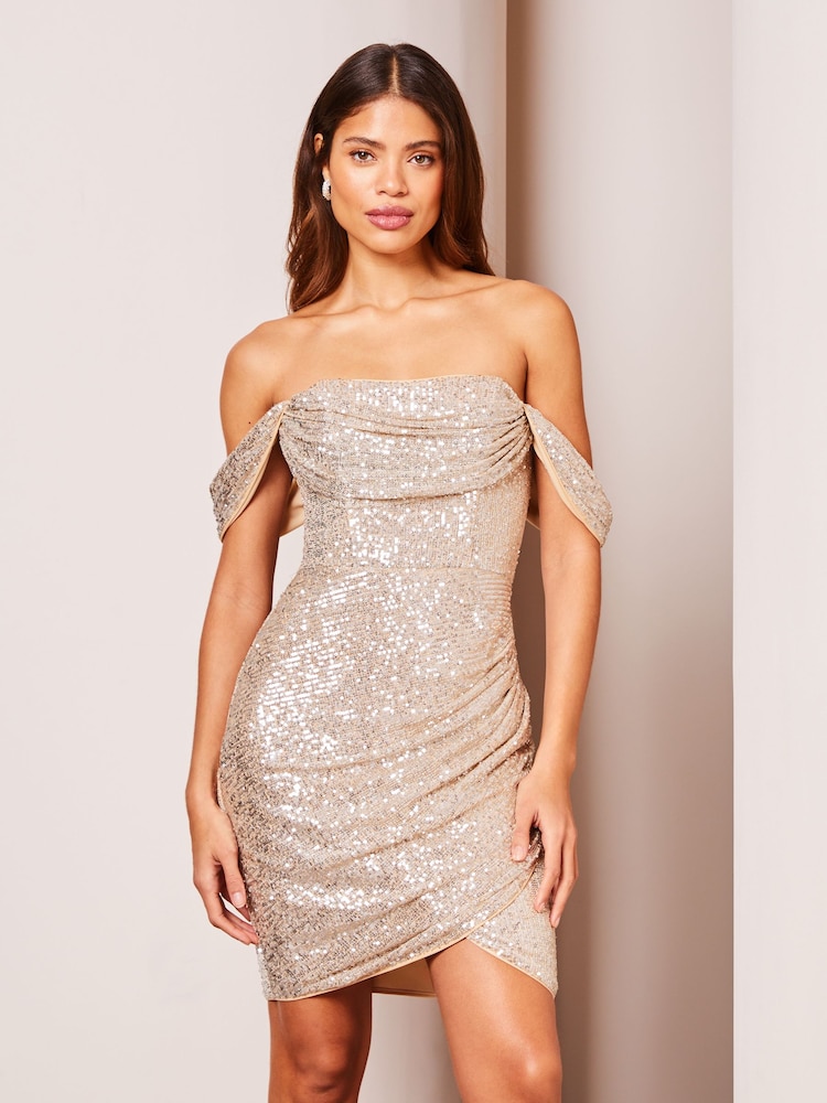Lipsy Champagne Sequin Bardot Split Wrap Mini Dress - Image 1 of 4