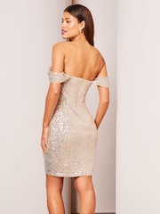Lipsy Champagne Sequin Bardot Split Wrap Mini Dress - Image 2 of 4