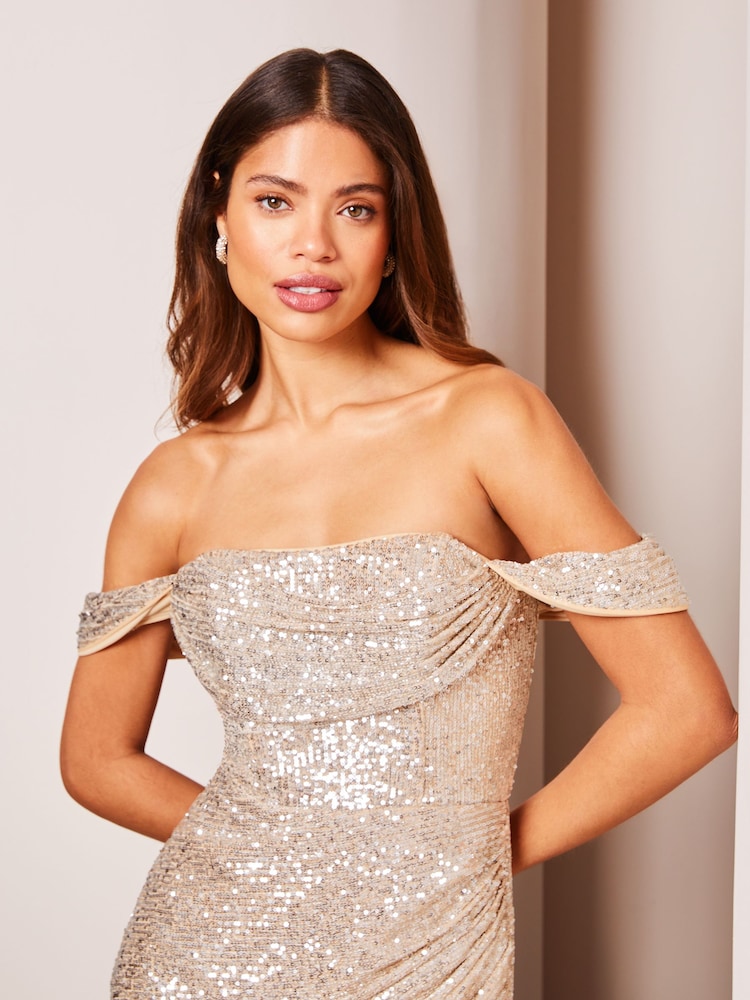Lipsy Champagne Sequin Bardot Split Wrap Mini Dress - Image 4 of 4