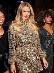 Friends Like These Gold Belted Long Sleeve Sequin Mini Dress - Image 1 of 4